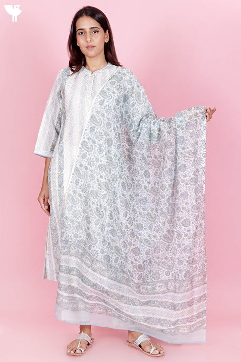 Chanderi Silk Kurta Pant And Dupatta Set In Block Print